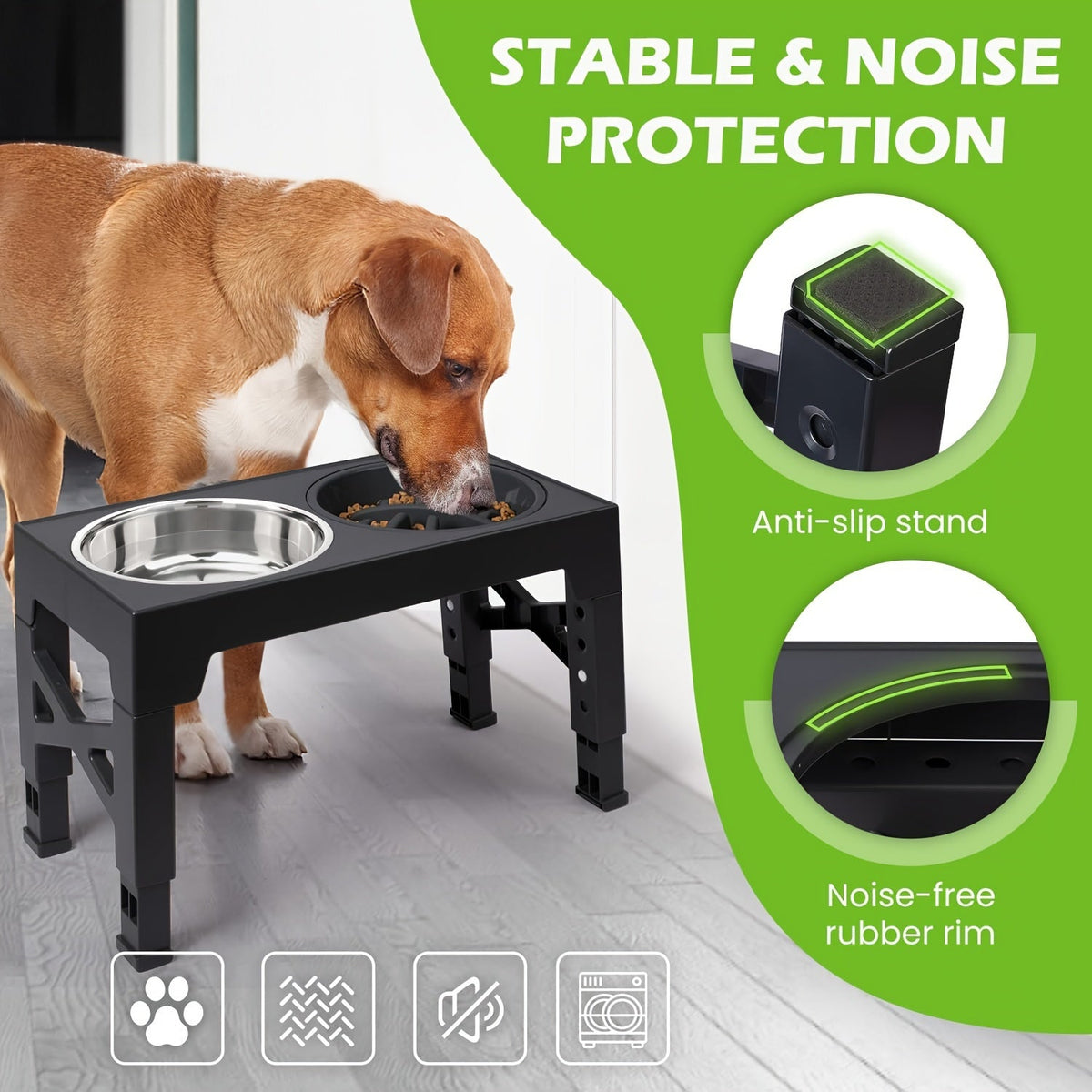 Adjustable Elevated Dog Bowl Stand with 3-Bowl Set – 5 Heights 3.2–12.2 Inches, 2 Stainless Steel Bowls + Slow Feeder Bowl for Small, Medium, and Large Dogs, Raised Feeder in Black or Gray