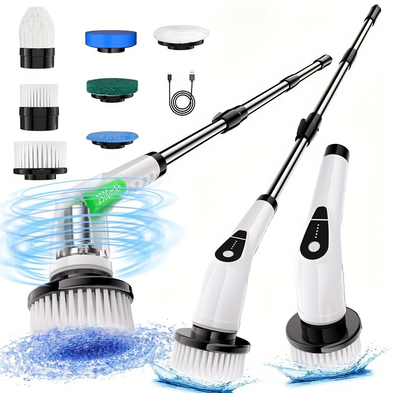 Electric Spin Scrubber Cordless 7-in-1 Cleaning Brush with 7 Replaceable Heads, Dual Speed Adjustable, Detachable Telescopic Handle for Bathroom Tile, Tub, Kitchen, Car, and Floor Grout Scrubbing