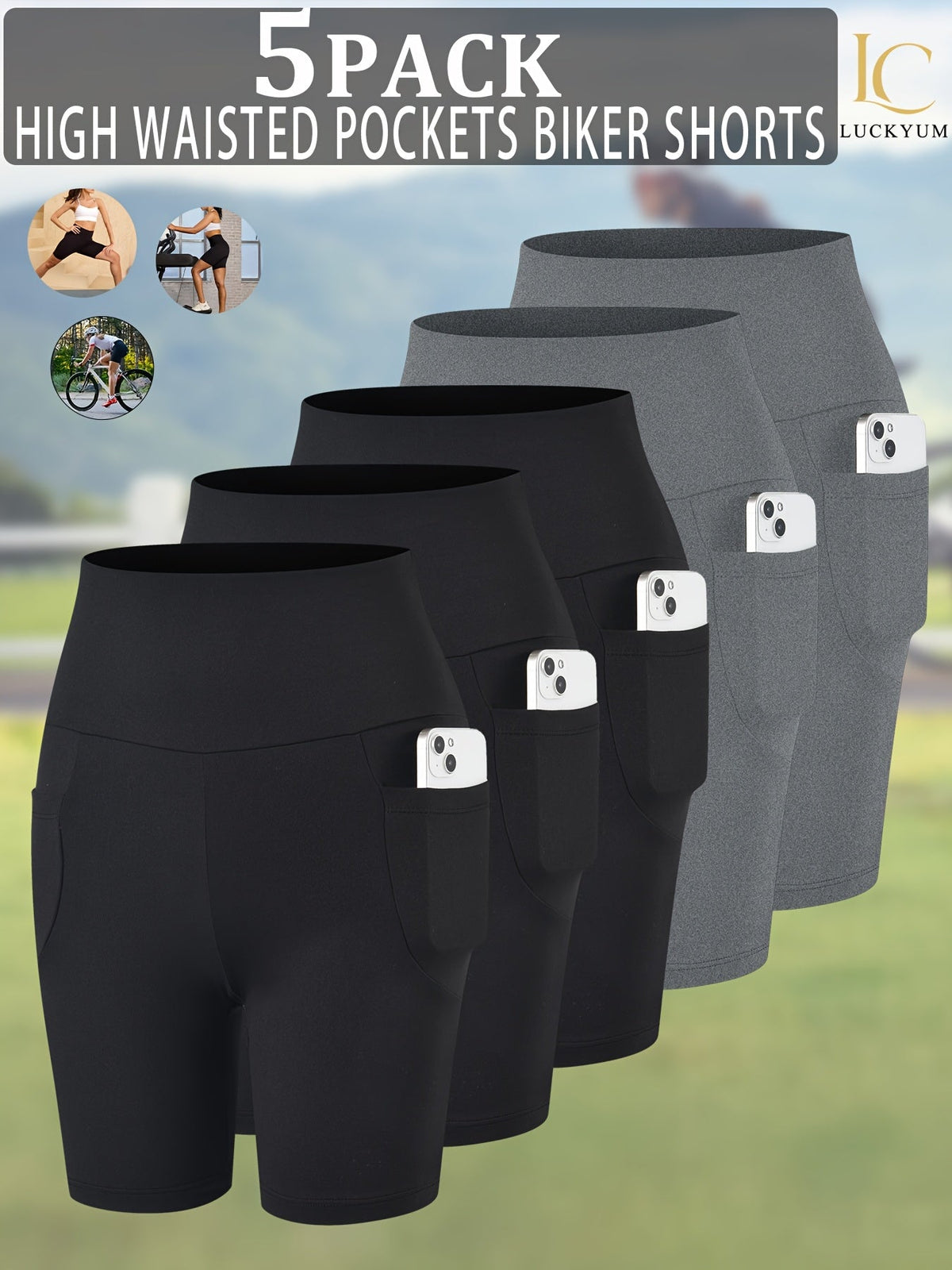 Women's High Waisted Biker Shorts 5-Pack with Pockets | Tummy Control, Non-See-Through | 6" Inseam Workout, Running, Yoga Athletic Shorts | Soft & Stretchy | XS-XXL | Mixed Colors