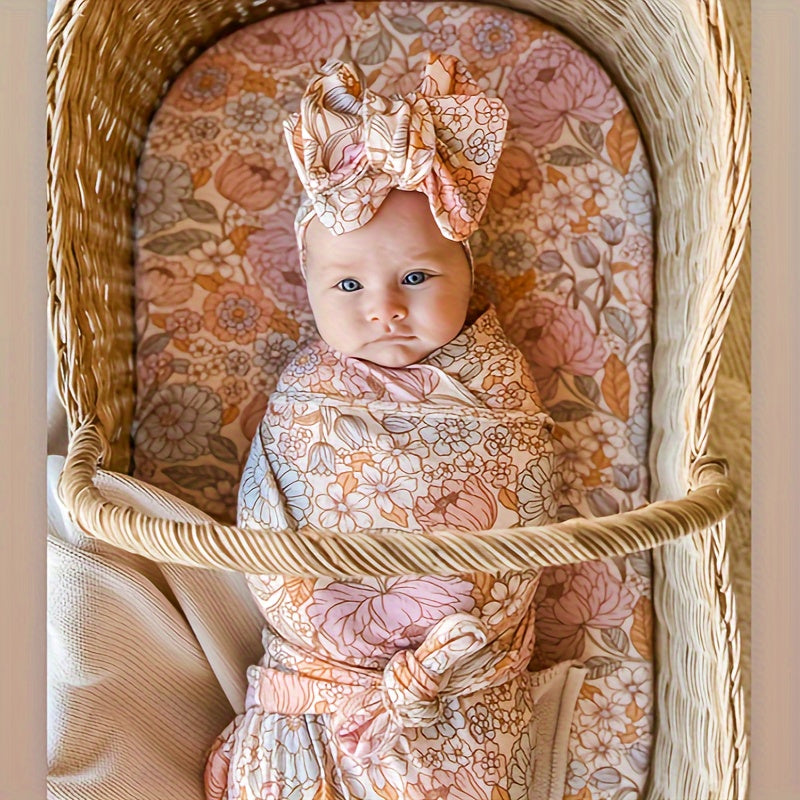 2-Piece Baby Wrap & Headband Set, Soft Floral Baby Girl Hair Wrap & Headband Accessory Set, Safflower, Orange Blossom & Purple Flower