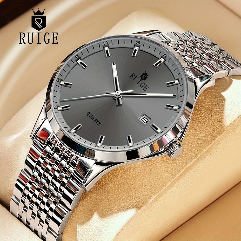 RUIGE Men's Luxury Quartz Watch Stainless Steel with Calendar, Luminous, and Rhinestone Accents - Sports Business Dress Watch for Men, Gift for Him