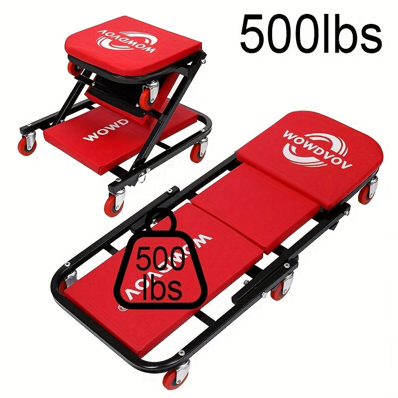3-in-1 Mechanic Creeper Seat & Auto Repair Bench – Foldable Z-Shaped Garage Stool with 500 lb Capacity, 6 Casters, and Adjustable Lying, Sitting & Leaning Positions for Car Repair & Workshops