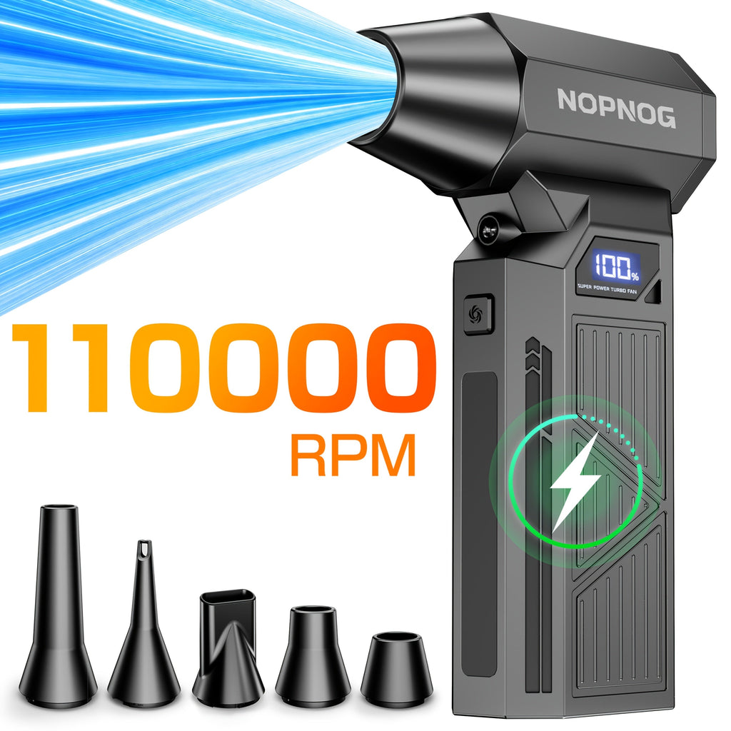 110,000 RPM Cordless Turbo Electric Air Duster – 4-Speed Smart Display 5 Nozzles & High-Capacity Battery for Computer Keyboard Car & Outdoor Cleaning in Black (with Optional Cleaning Kit)