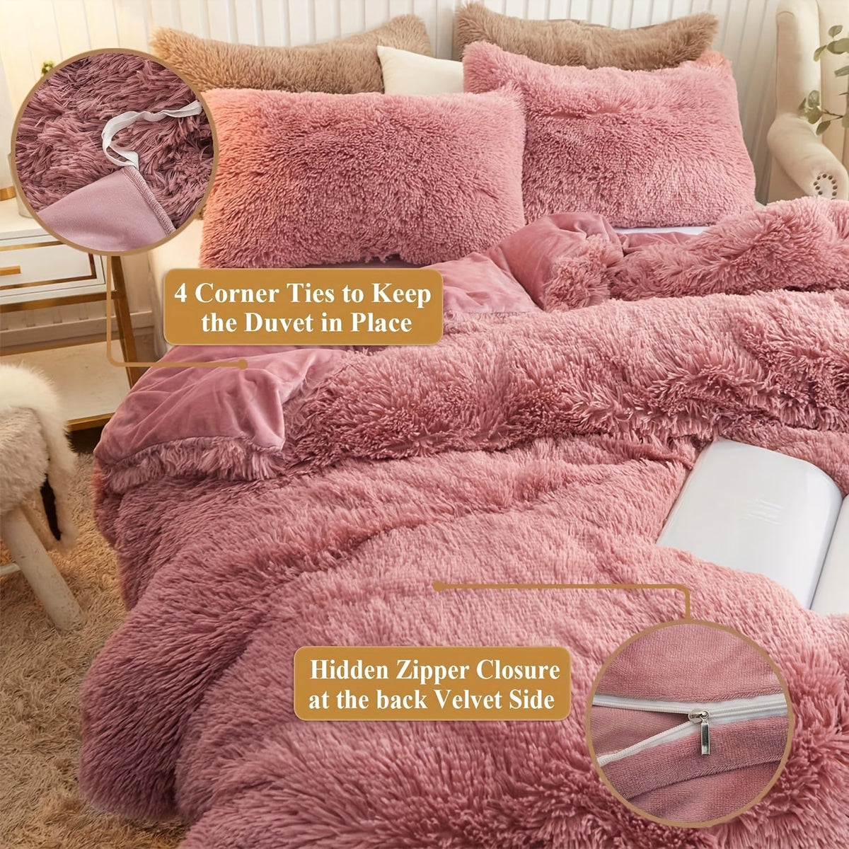 Plush Duvet Cover Set 3 Piece, Long Hair Knitted Polyester, Solid Color Fuzzy Comforter Cover with Zipper Closure, All-Season Soft Cozy Bedding Set for Bedroom, Multiple Colors Available