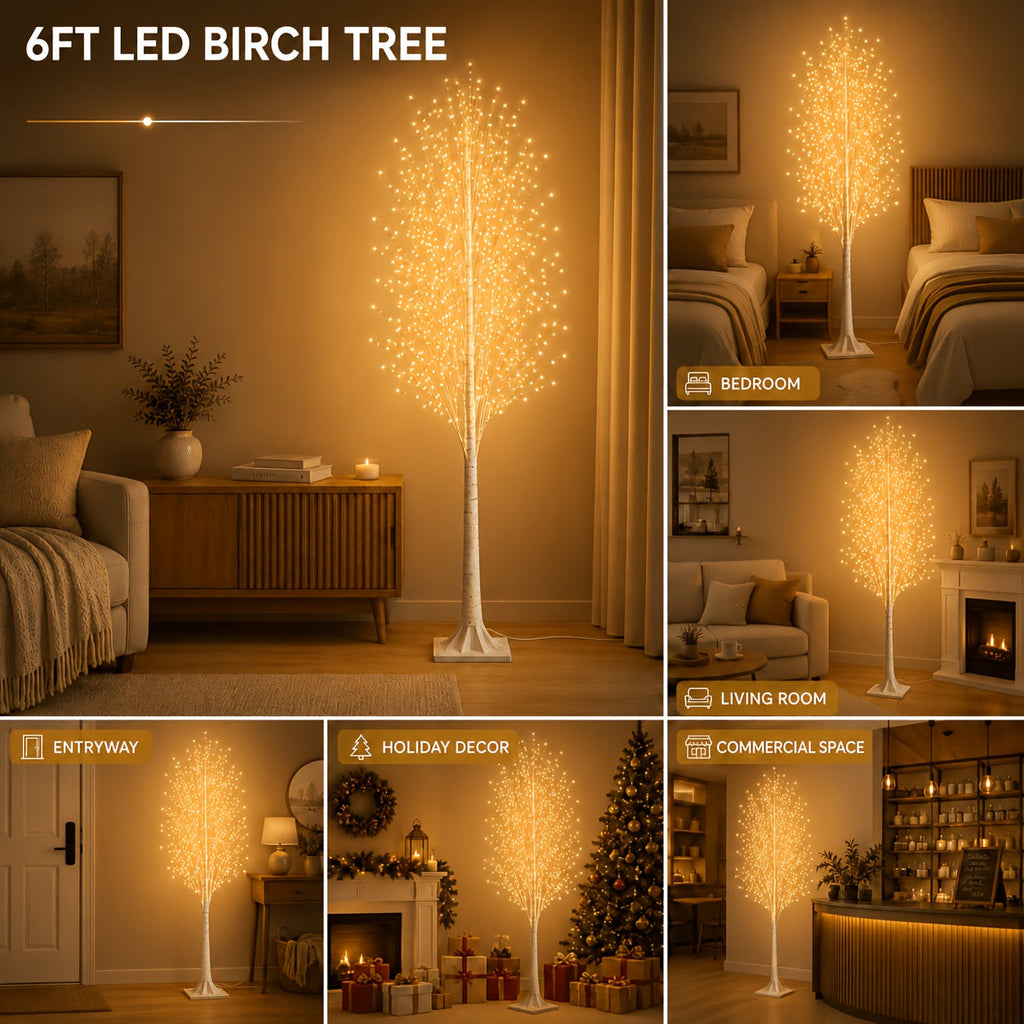 6FT 600 LED Warm White Artificial Birch Tree Floor Lamp Flexible Branches Hand-Wrapped Bark Trunk Plug-In for Living Room Christmas Wedding & Home Decor