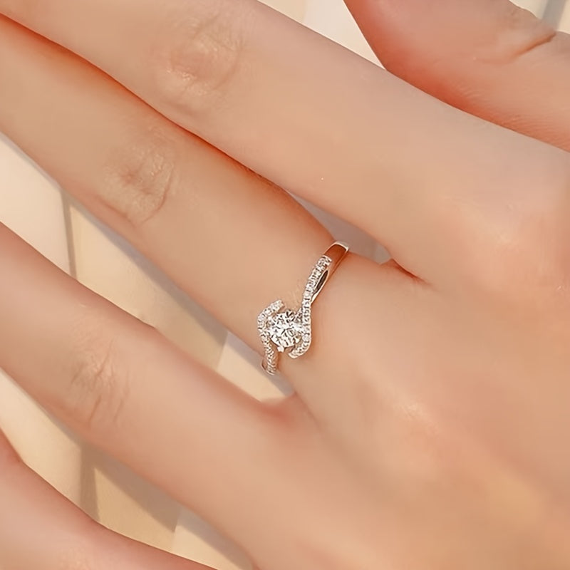 925 Sterling Silver Four-Prong Twisted Cubic Zirconia Engagement Ring – Hollow Spiral Band with CZ Inlay, Sizes 6-10, Valentine's Day Promise Ring Gift for Women