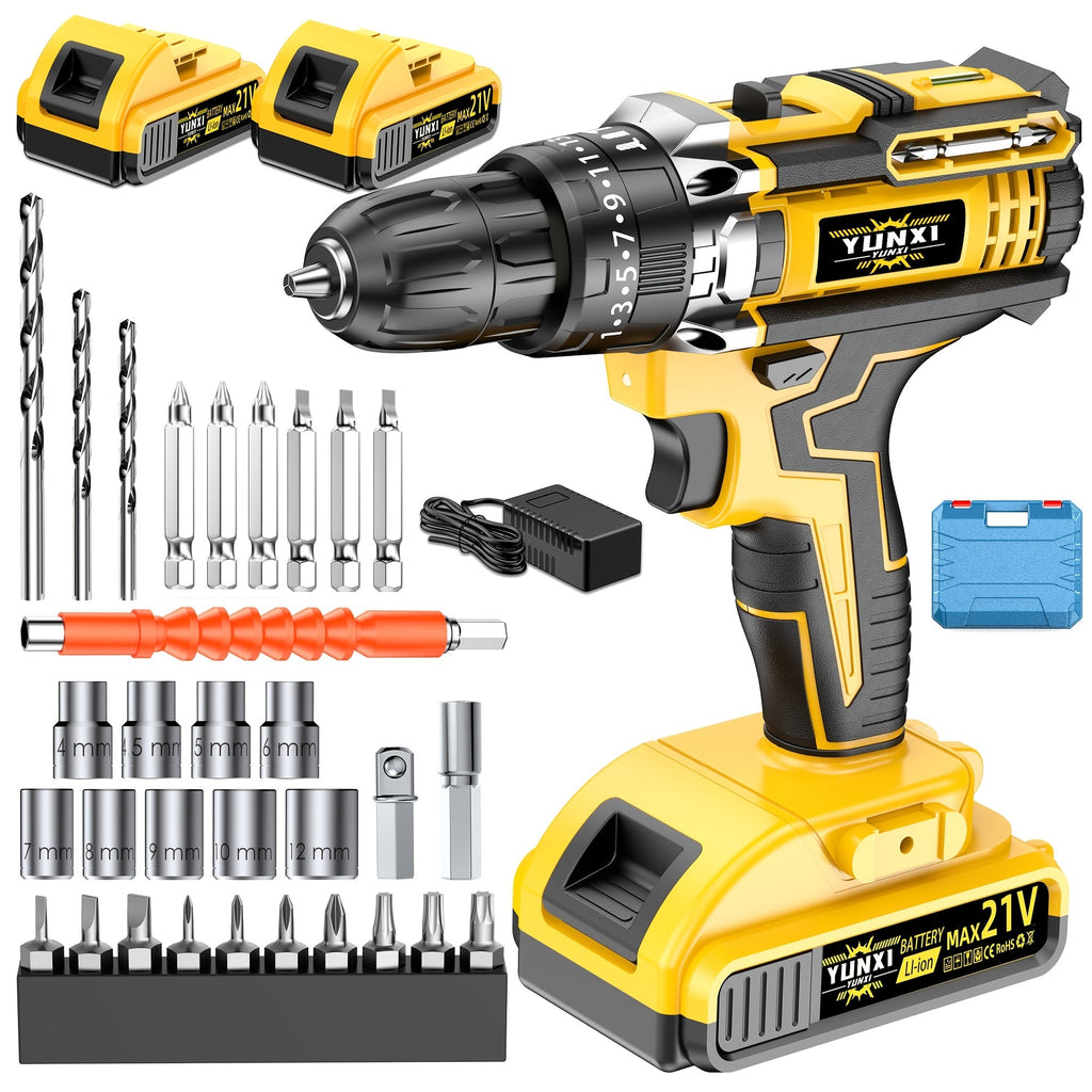 21V Cordless Impact Drill Set, 2.0Ah Battery & Fast Charger with Work Light, Variable Speed & Torque Adjustment, Electric Screwdriver Combo – Optional Storage Box for Car & Home Repair, DIY Men's Gift