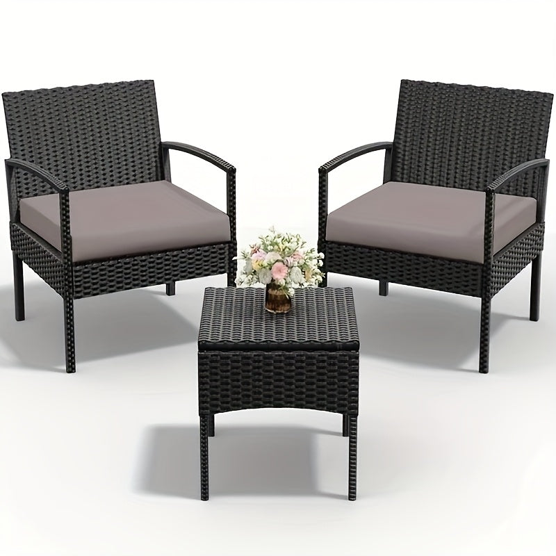 3-Piece Outdoor Patio Wicker Rattan Furniture Set, 2 Bistro Conversation Chairs & Side Table, Weather-Resistant, Ergonomic Design, for Garden, Balcony, Patio, Deck & Yard