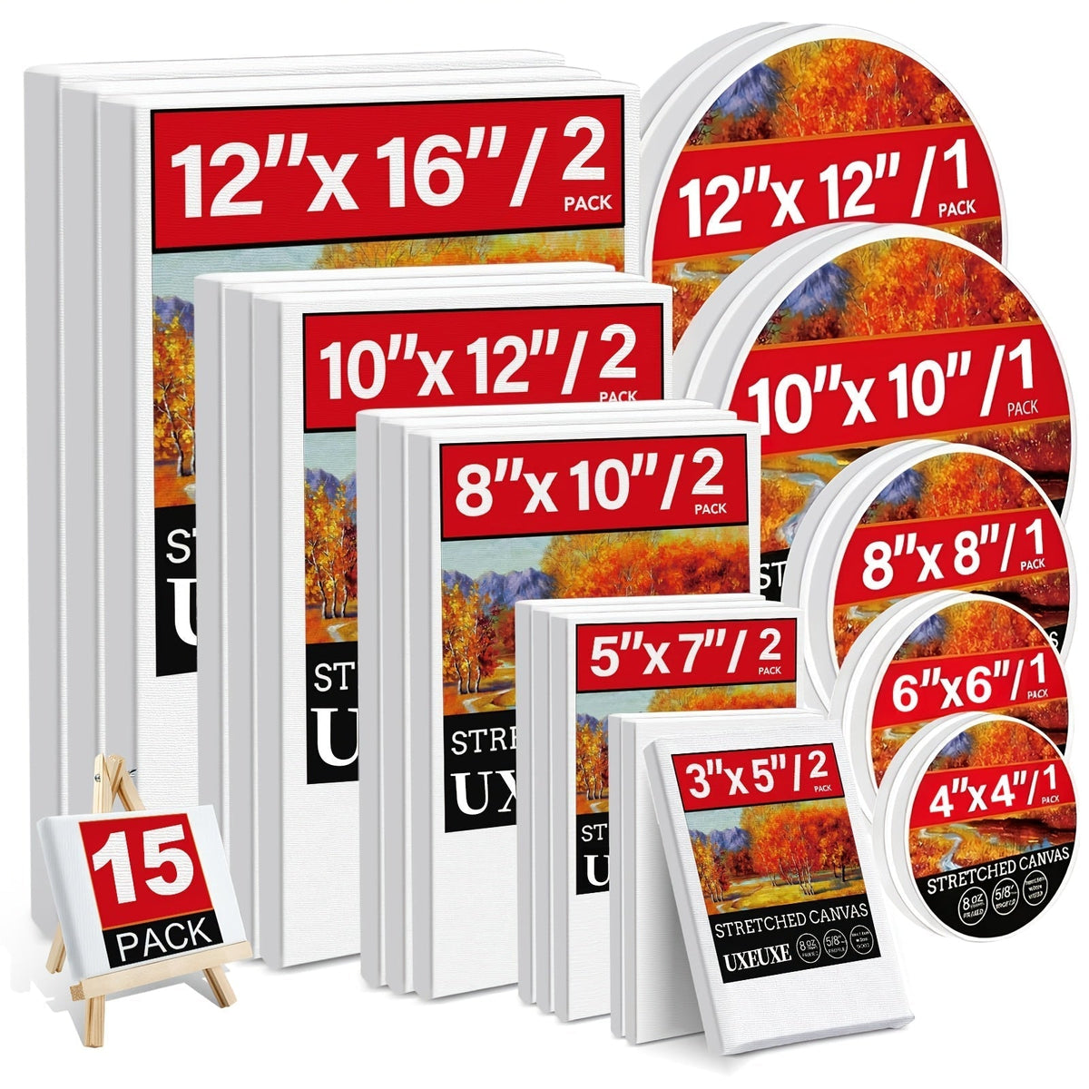 Stretched Canvas Multi-Pack Primed White 100% Cotton – Round, Rectangular, and Square Sets in 10, 15, and 20 Pieces – Artist Canvas Boards for Acrylic, Oil Painting, Pouring, and Mixed Media