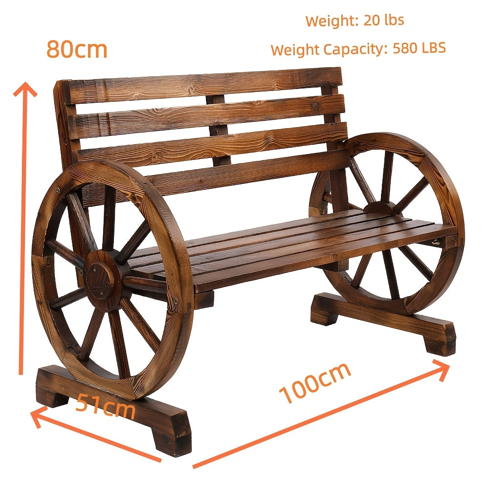 2-Person Outdoor Wooden Wagon Wheel Bench, Solid Poplar Wood Slatted Seat & Backrest, Rustic Brown Patio Bench for Garden Poolside Porch Camping Family Gatherings, Unique Farmhouse Outdoor Furniture