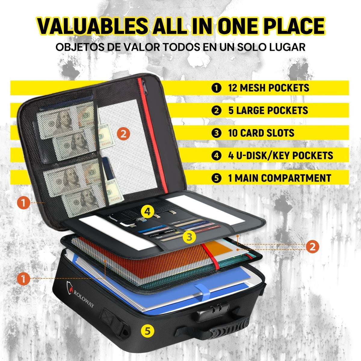 Fireproof Document Bag with Combination Lock & Reflective Strip – 17x11.8x5 Inch Multi-Layer File Organizer for Passports, Cash, Cards, Certificates, A4 & Legal Size Documents – Ideal for Home, Office, and Travel Safety