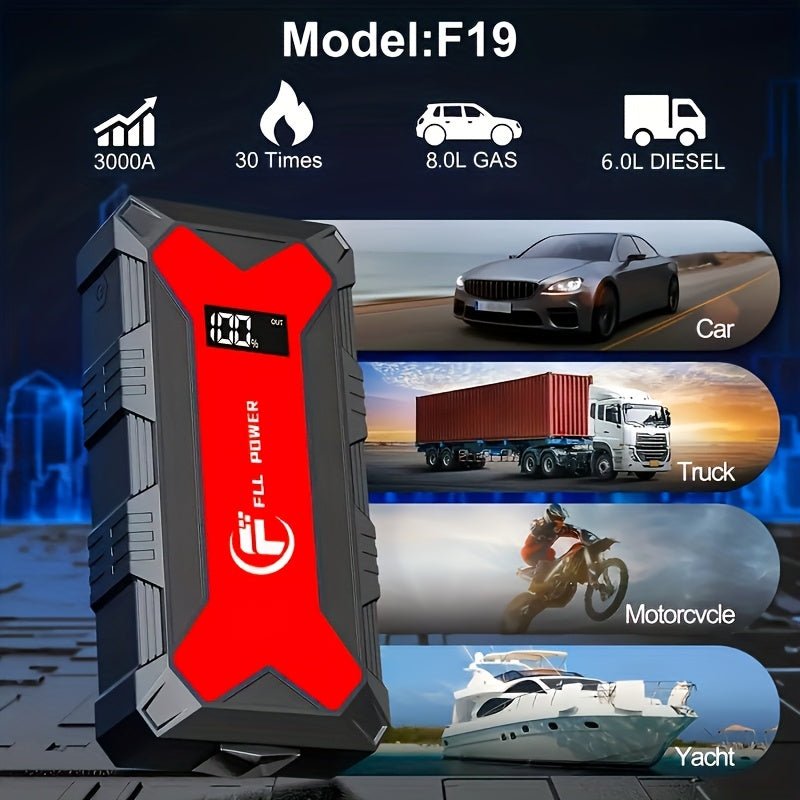 便携式汽车应急启动电源 1600A–3000A 12V 电池启动器 – 适用于汽油和柴油发动机的紧凑型应急启动电源，配备 USB 充电端口及 LED 手电筒