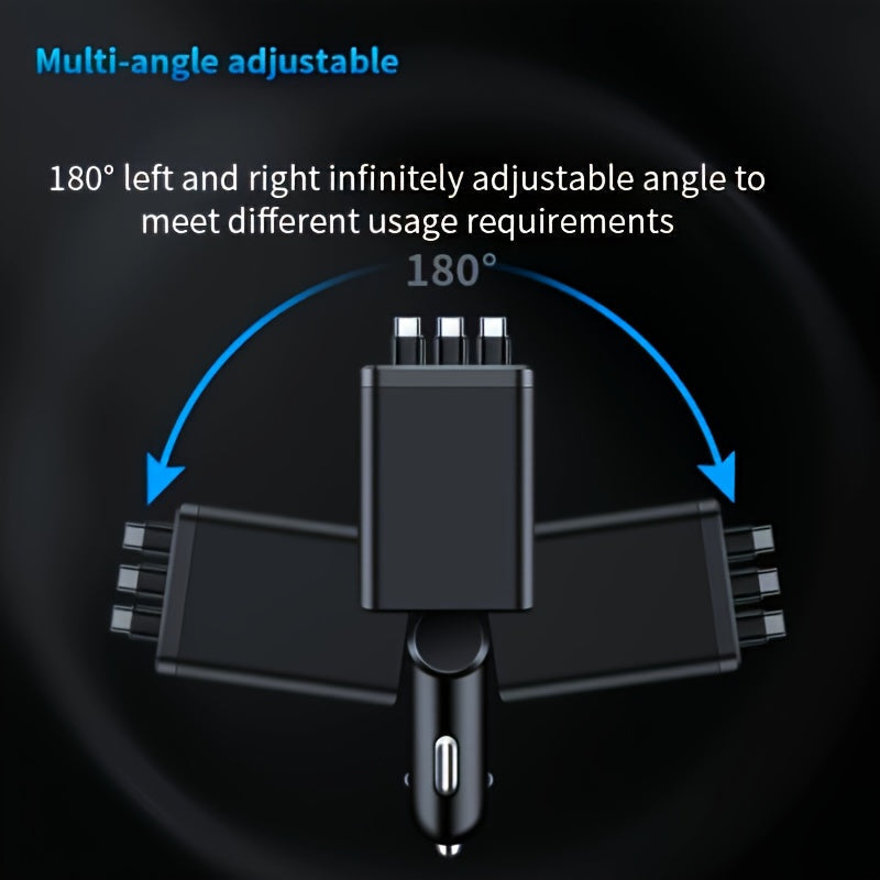7-in-1 Car Charger with LED Ambient Light & 3 Retractable Cables – Fast Charging USB Hub, 180° Adjustable, Digital Display, Universal Fit for iPhone & Android