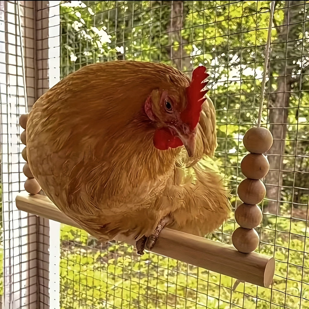 Wooden Chicken Swing Toy, Natural Handmade Tangle-Free Bird Stand with Elastic Rope Beads for Chickens, Ducks, Parrots, Poultry, Farmhouse Coop Accessory, Large and Durable