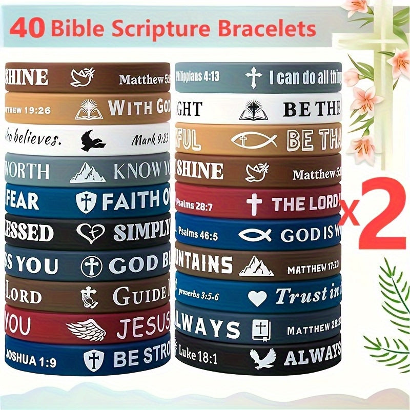 40-Pack Bible Verse Silicone Bracelets, Colorful Inspirational Christian Faith Wristbands, Unisex Lightweight Daily Wear Church Party Gift