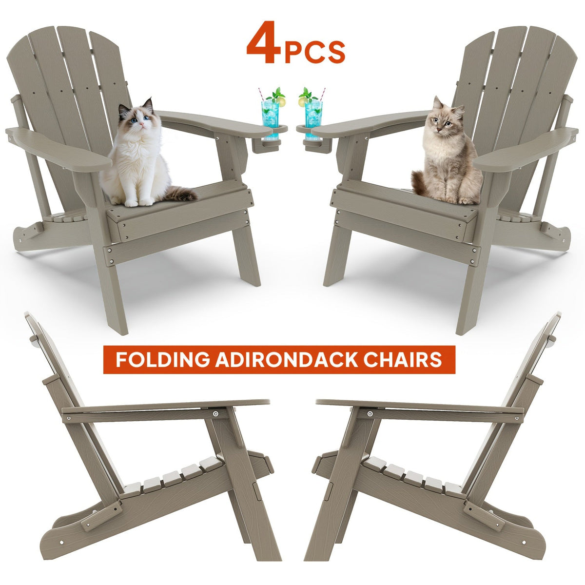 Folding Adirondack Chair with Cup Holder Portable Recliner Stainless Steel Frame Durable Plastic Easy Clean for Patio Poolside Garden Camping Set of 1 2 4 6