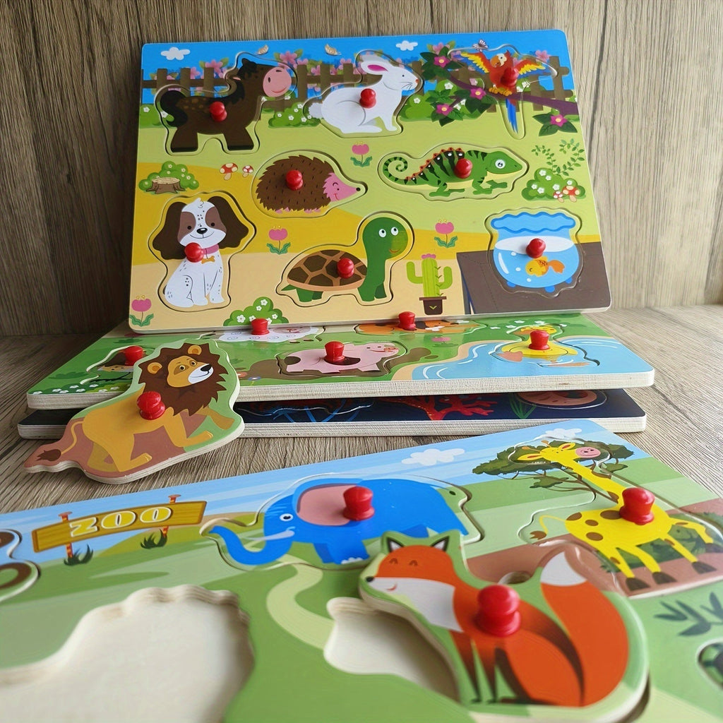 4-Piece Wooden Peg Puzzle Set for Toddlers, 32 Pieces, Knob Puzzles with Farm and Zoo Animal Themes, Montessori Learning Toy for Ages 1, 2, 3, Birthday, Christmas, Easter Gift for Boys and Girls