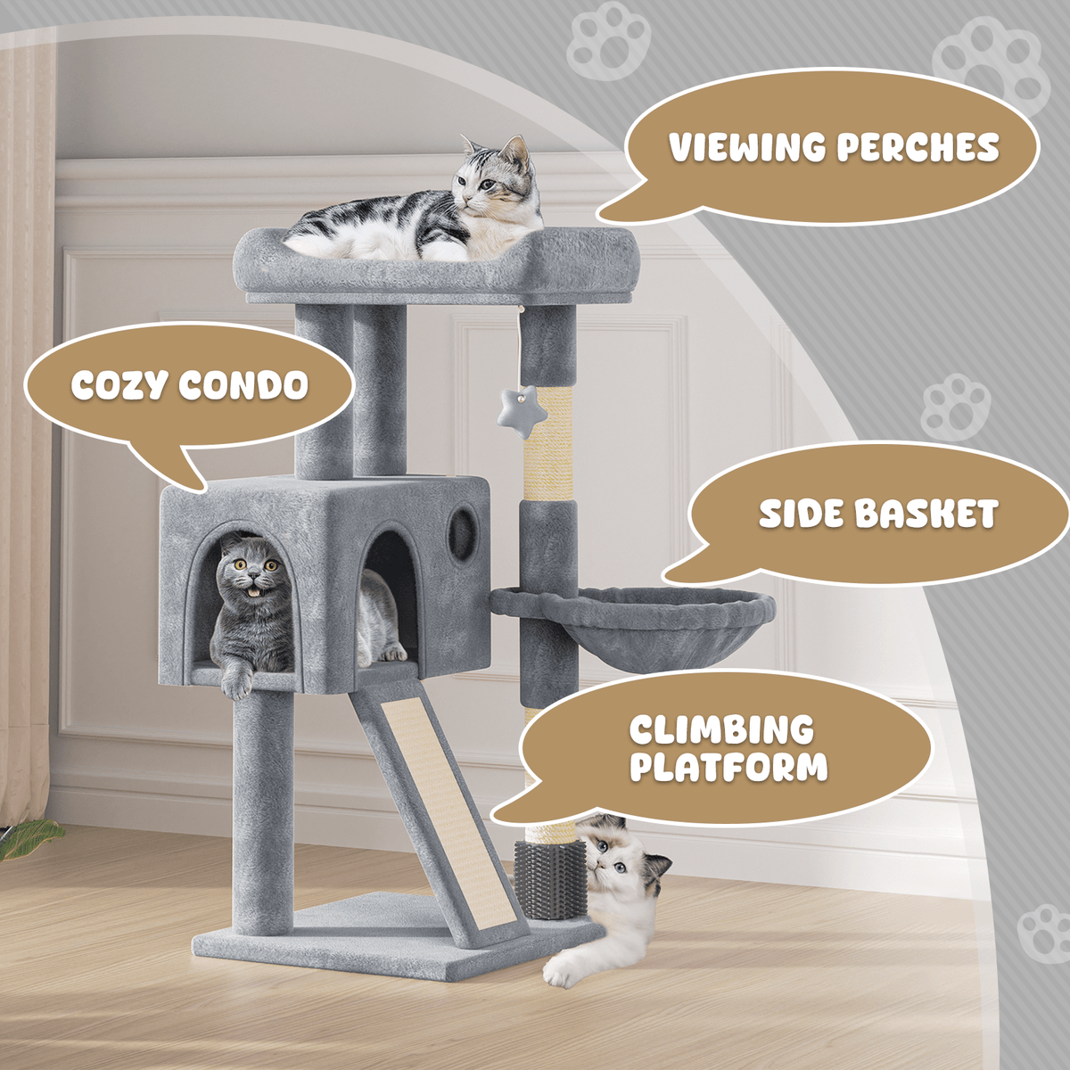 36-Inch Multi-Level Cat Tree Tower with Condo, Hammock, Sisal Scratching Posts, and Hanging Toys - Indoor Cat Climbing Playhouse for Cats and Kittens - Plush Cat Villa, Light Grey/Smoky Grey