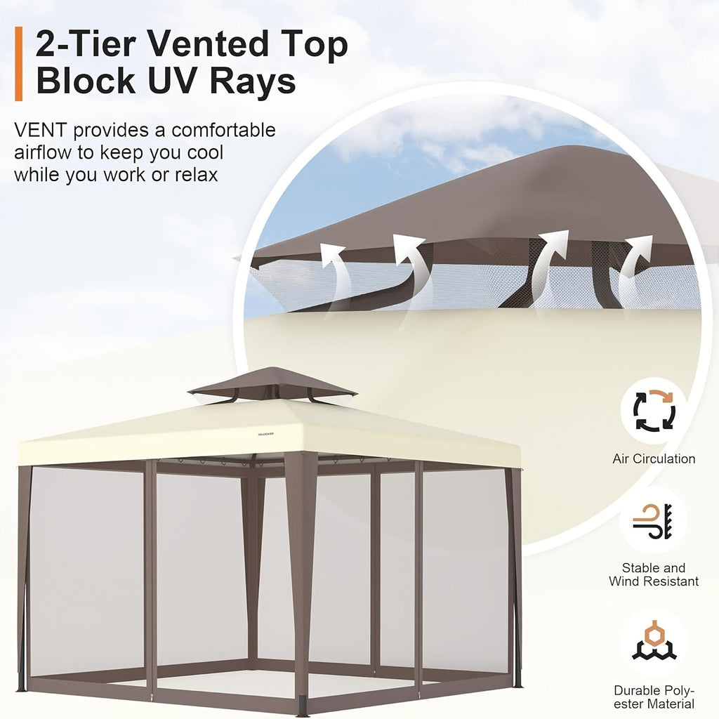 10x10 Ft Gazebo Tent with Mosquito Netting, 100 Sq Ft Outdoor Canopy Shade, for Patio, Garden & Backyard