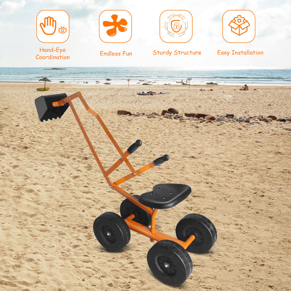 COSTWAY Kids Ride-On Sand Digger – 10" Heavy Duty Steel Excavator, 360° Rotatable Seat, All-Terrain Wheels, 88 lb Capacity, Ages 4–12, Outdoor Sandbox Toy, Yellow & Black – Nova Mart