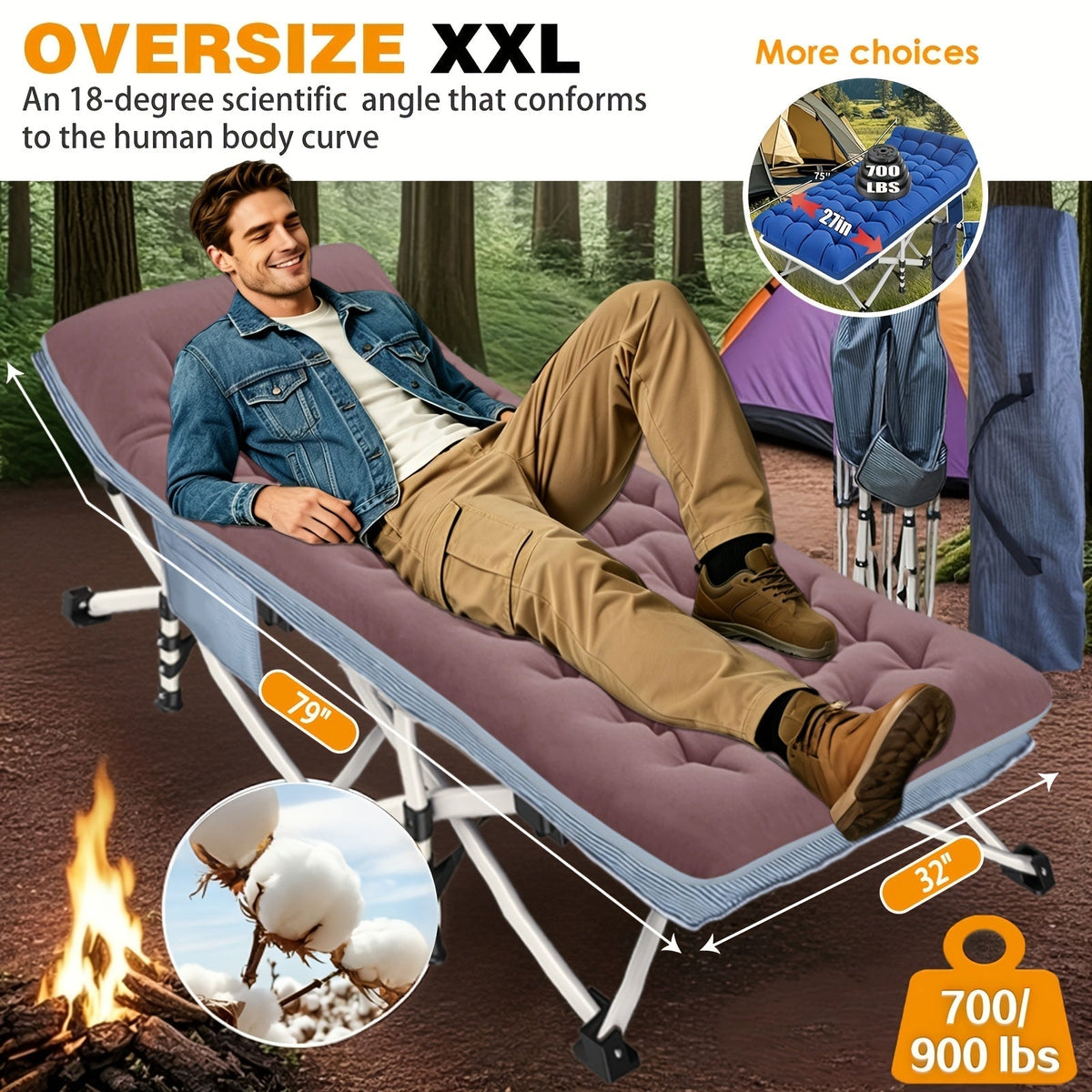 XXL 32-Inch Wide Camping Cot with Mattress – 1200D Oxford Heavy-Duty Folding Sleeping Cot with Carry Bag for Adults, Extra Wide Portable Outdoor Bed for Camping, Hiking, Travel & Guest Use