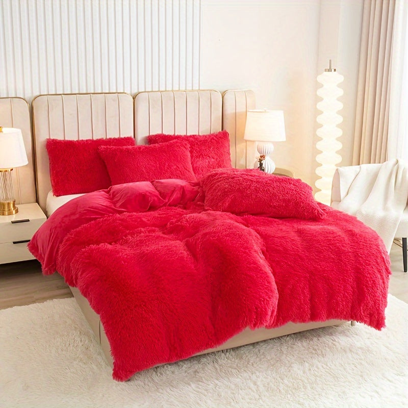 Plush Duvet Cover Set 3 Piece, Long Hair Knitted Polyester, Solid Color Fuzzy Comforter Cover with Zipper Closure, All-Season Soft Cozy Bedding Set for Bedroom, Multiple Colors Available