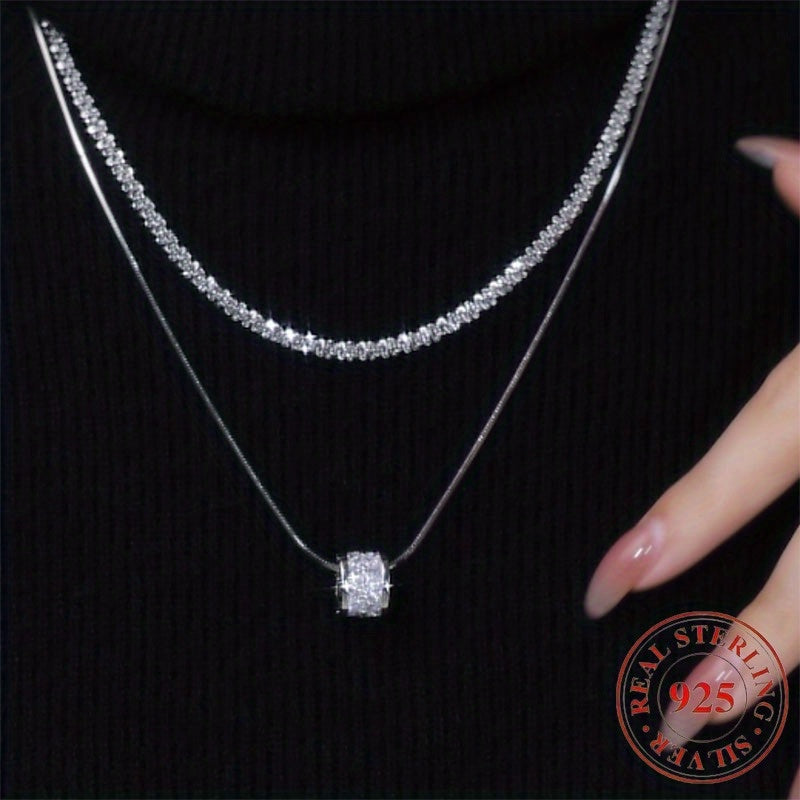 S925 Sterling Silver Double Layer Clavicle Chain Necklace for Women, Elegant Cubic Zirconia Sweater Chain, Minimalist Fashion Jewelry for Daily Wear and Gifts, All Seasons