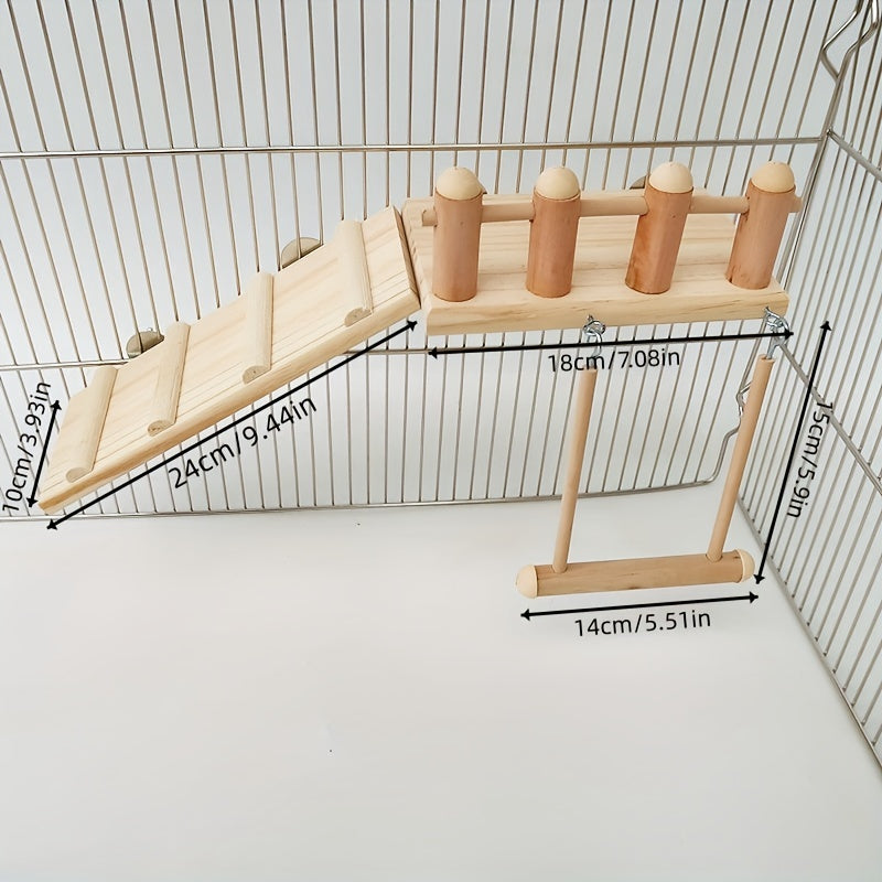 Wood Bird Perch Swing with Climbing Ladder - Multi-Level Radiata Pine Cage Gym Platform for Parrots, Lovebirds, Cockatiels, Chinchillas, and Hamsters - Bird Play Stand, Ladder, Swing, and Cage Accessory