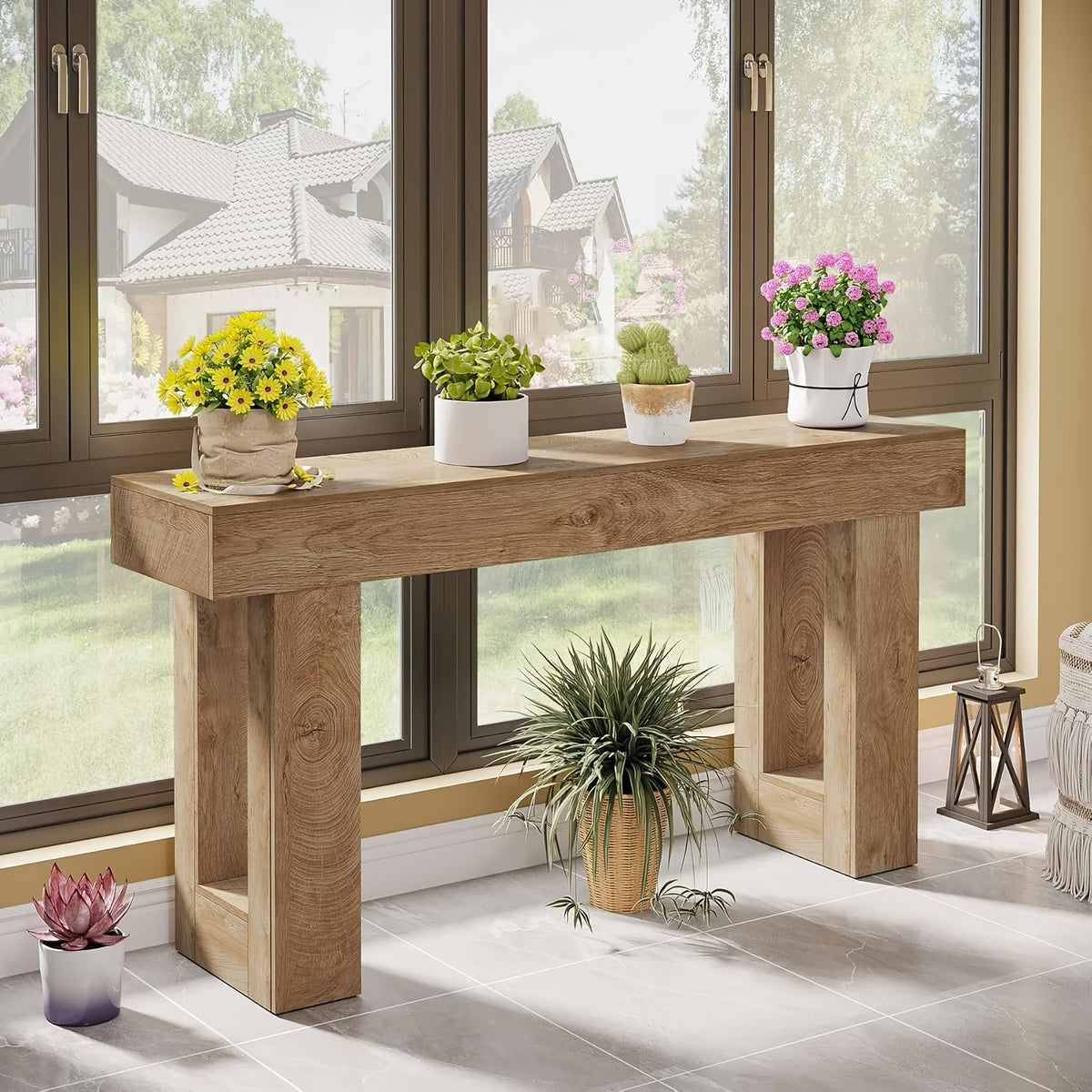 63-Inch Farmhouse Console Table, Rustic Wooden Sofa Table Behind Couch, MDF Entryway Table with Anti-Wobble Foot Pads for Hallway Living Room, Versatile Country Style Home Decor