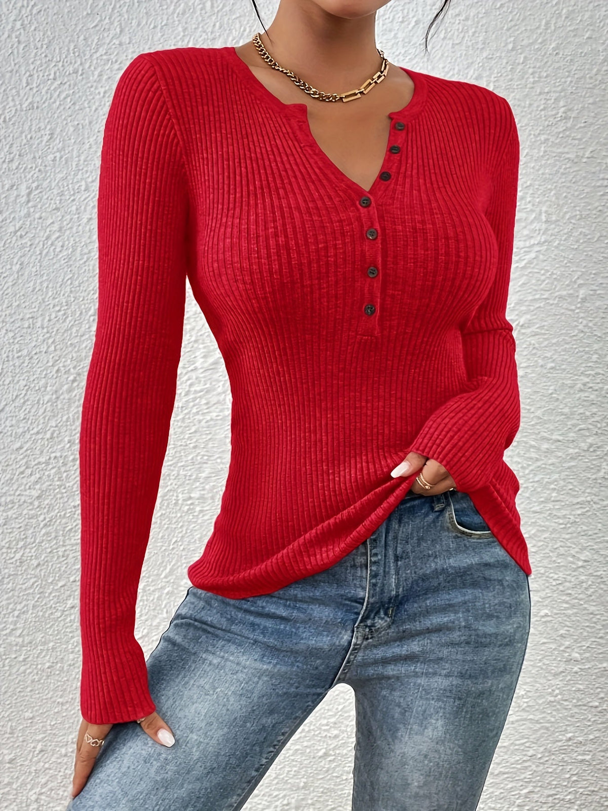 Women's Henley Neck Half-Button Ribbed Sweater - Waist-Defining Knit Top, Fitted Base Layer, Versatile Fall/Winter Pullover S M L XL