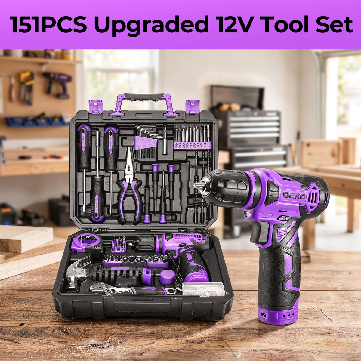 DEKO 151-Piece Tool Set with 12V Cordless Drill – Complete Home Repair Kit with Screwdrivers Hammer Tape Measure & Precision Tools in 5 Colors