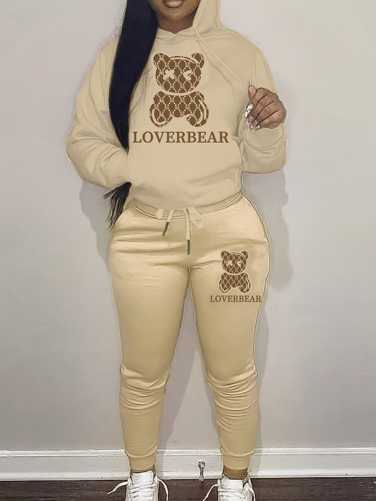 Cartoon Bear Print Two-piece Set Hoodie & Jogger Pants Women's Tracksuit Drawstring Long Sleeve Sweatsuit Outfit S-XXL Multiple Colors