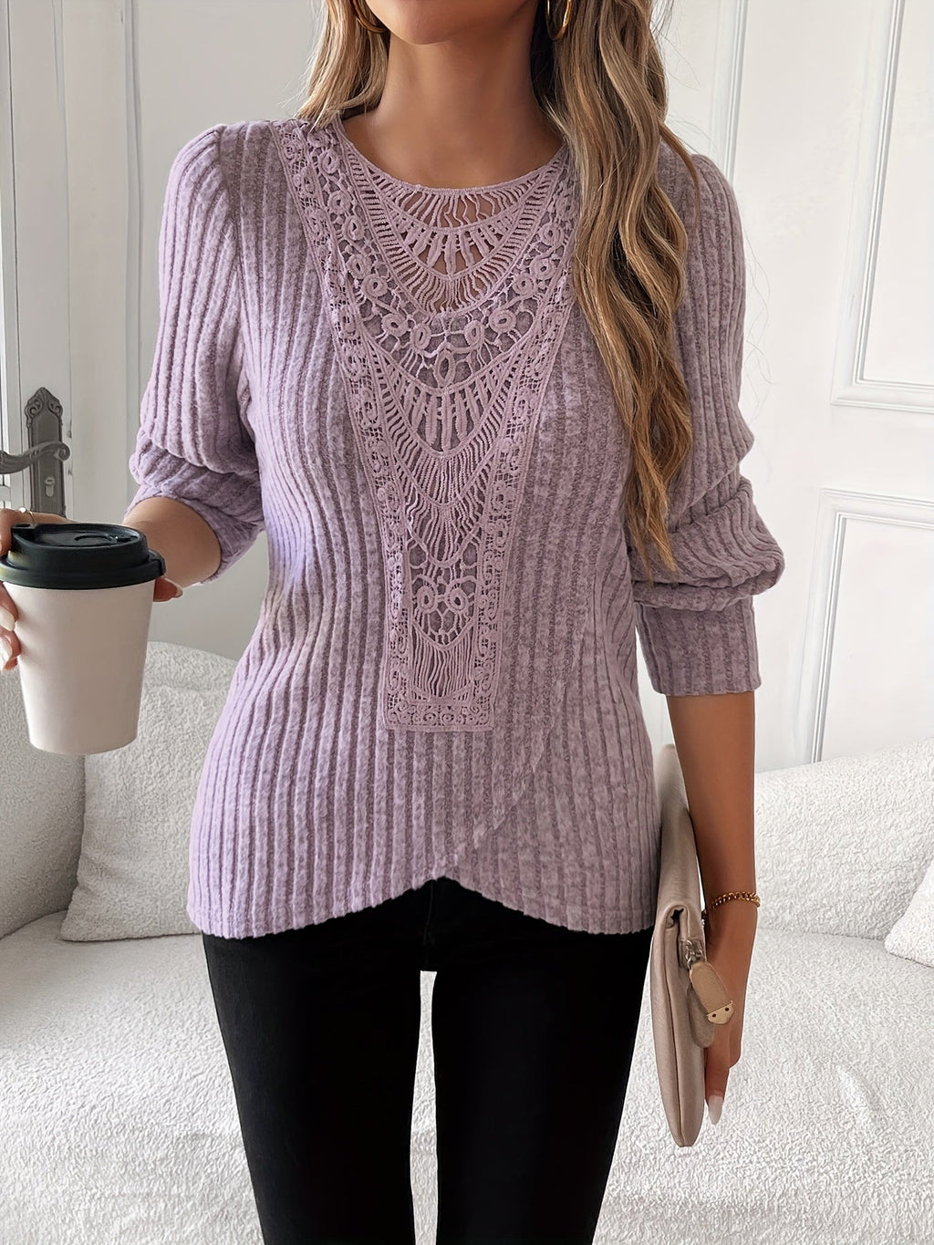 Women's Long Sleeve Lace Trim T-Shirt Round Neck Elegant Casual Top Soft Lightweight Blouse Pink Grey Blue S-XXL US Warehouse