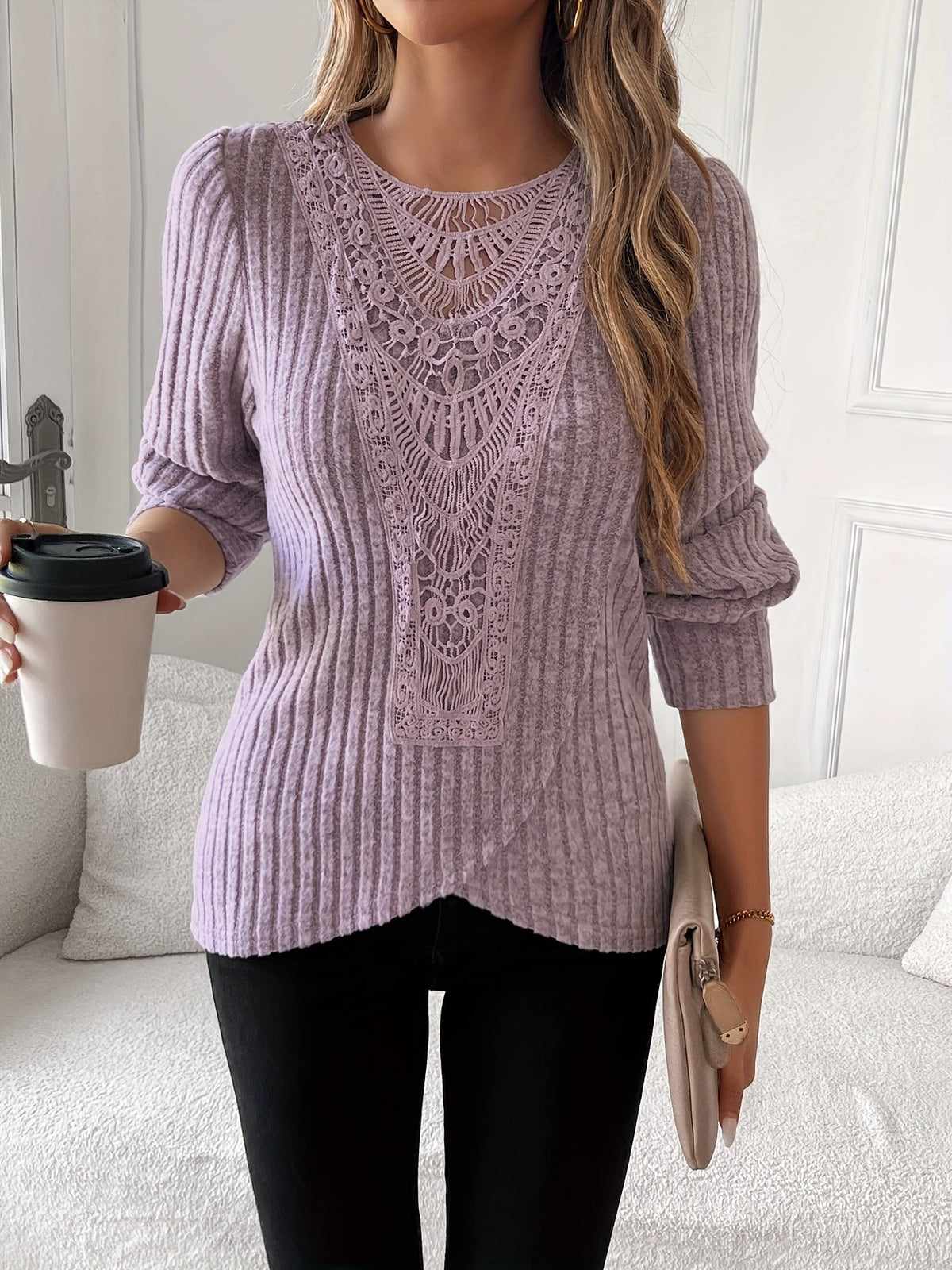 Women's Long Sleeve Lace Trim T-Shirt Round Neck Elegant Casual Top Soft Lightweight Blouse Pink Grey Blue S-XXL US Warehouse