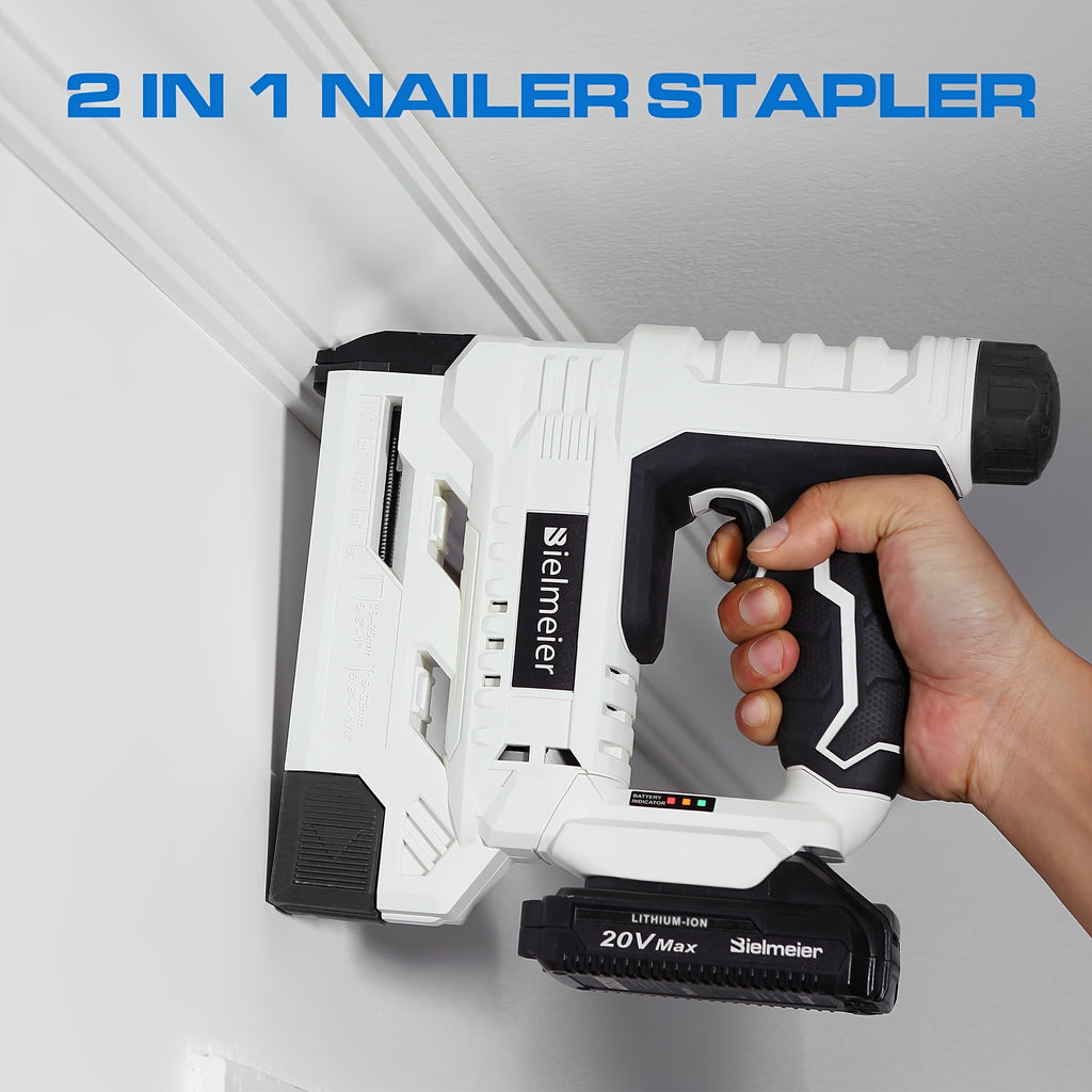 Bielmeier Cordless 2-in-1 Nail Gun & Staple Gun – 20V / 4V, No Compressor, LED Work Light, Safety Striker Guard, 1600–2000 Nail & Staple Capacity, for Carpentry & Upholstery – Nova Mart