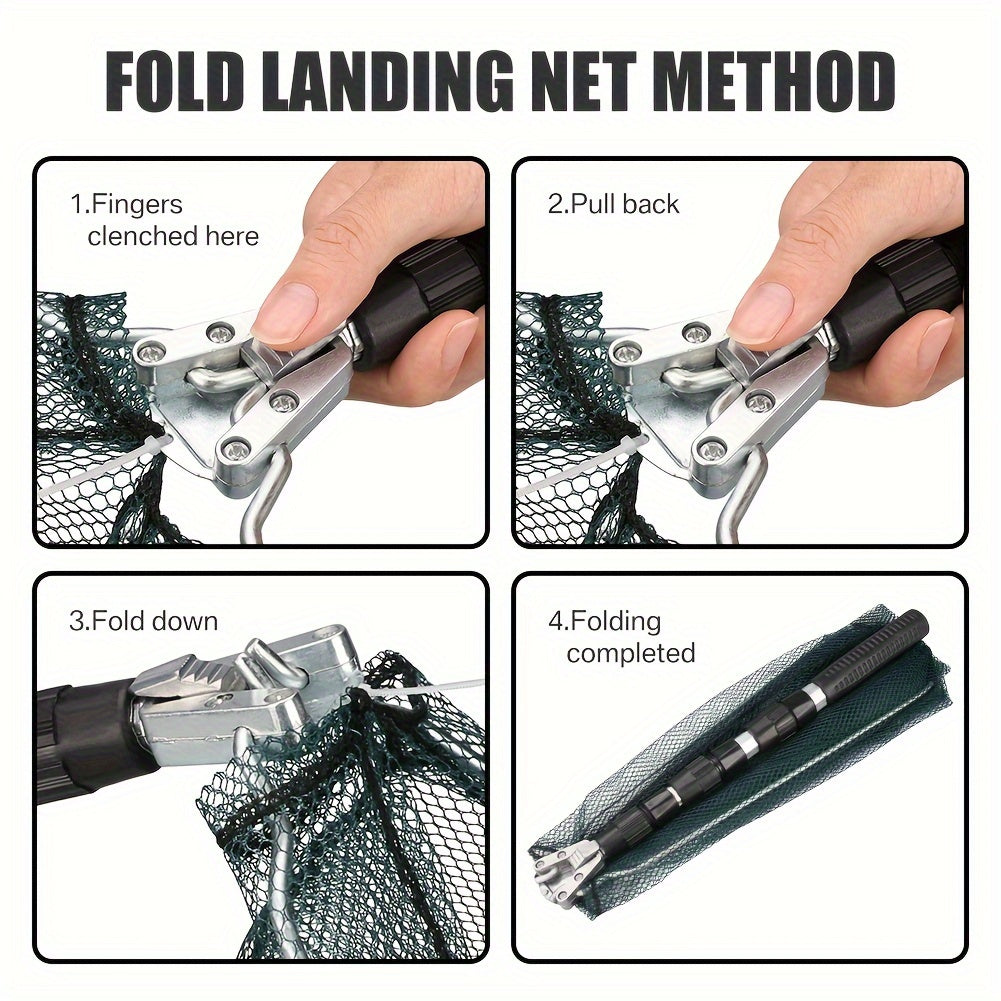Foldable Fishing Landing Net with Telescoping Aluminum Alloy Pole – 3 Sizes 86CM 110CM 130CM, Collapsible Metal Net for Fish, Crab, Crayfish, and Shrimp, Portable Fishing Gear