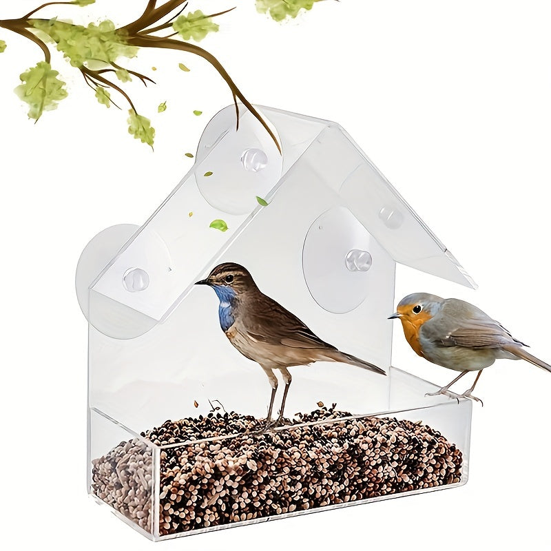 Acrylic Window Bird Feeder, House-Shaped Transparent Seed Tray with Suction Cups for Secure Mounting – Clear View Wild Bird Feeder for Backyard Garden Bird Watching