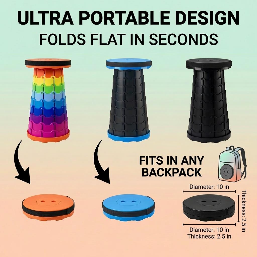 Collapsible Camping Stool, 400 lbs Capacity, Ultra-Portable Lightweight Folding Seat - Folds Flat, Fits in Backpack for Camping, Hiking, Fishing & Indoor/Outdoor Use - Rainbow Option Available