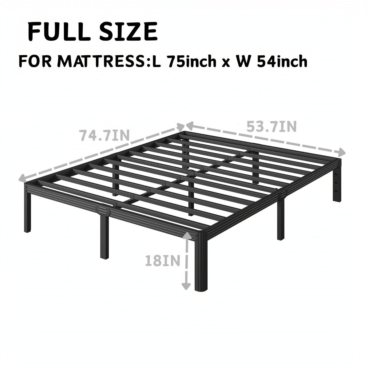 Metal Platform Bed Frame, 14" or 18" Height Options, Full/Queen/King Size, Under-Bed Storage, Sturdy Steel, Easy Assembly, No Box Spring Needed, Minimalist Design, Black