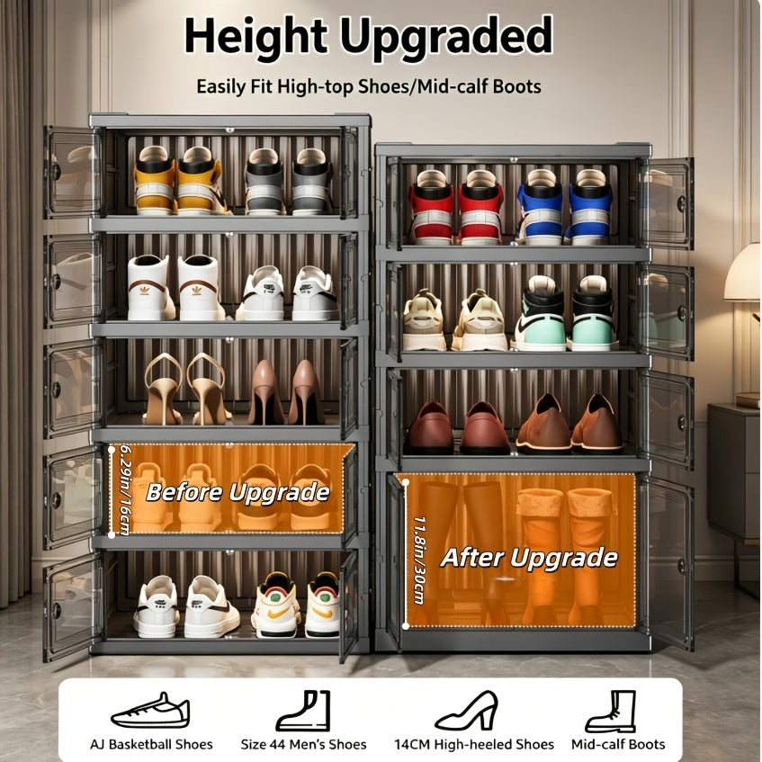 Foldable Transparent Shoe Cabinet 3/6/9 Tier, Magnetic Dust-Proof Doors, 62.5" Tall, No-Tool Assembly, Modular Stackable Shoe Storage Organizer for Entryway Closet Bedroom Dorm, Display Shoe Box