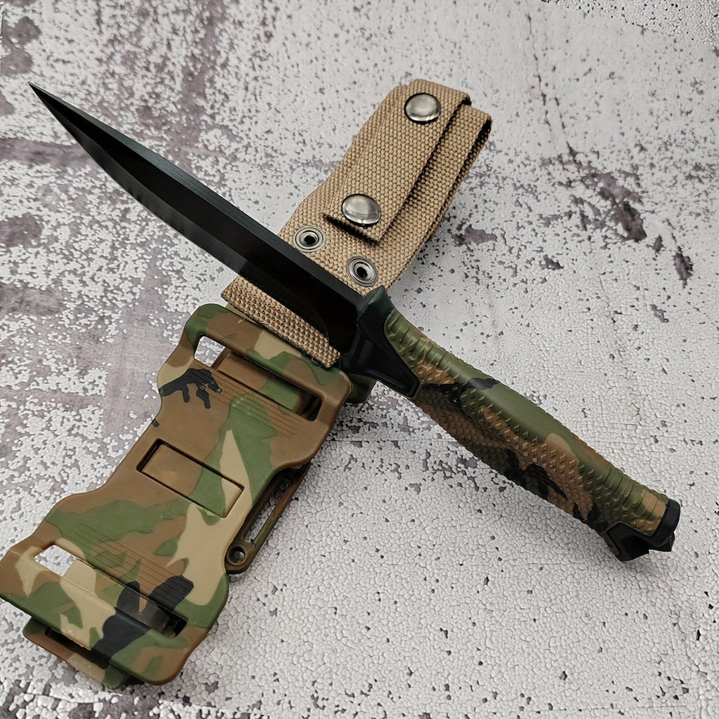Outdoor Fixed Blade Knife – Stainless Steel Straight Blade, Non-Slip Handle, K-Sheath, EDC Hunting, Fishing, Camping, Survival Knife, Camouflage, Multi-Purpose Field Tool for Men