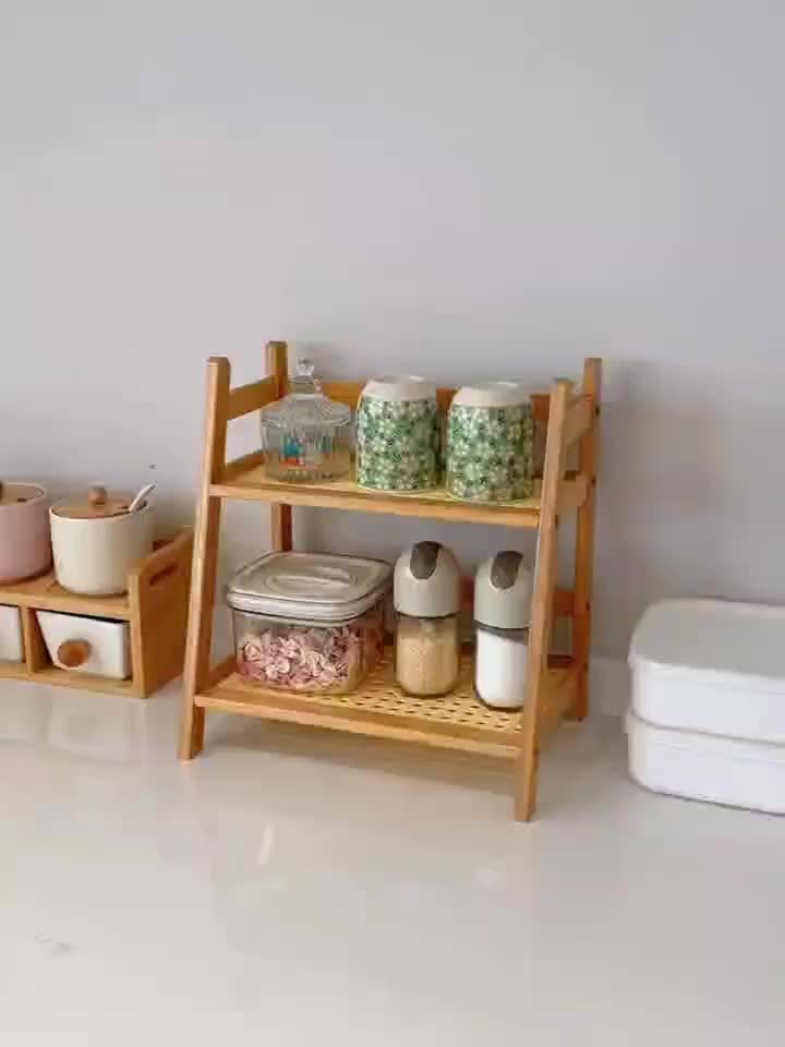 2-Tier Wooden Countertop Shelf Organizer, Vintage Trapezoidal Design, Bamboo Desktop Storage Rack for Kitchen, Office, and Bedroom, Space-Saving Counter Shelf for Coffee Cups, Books, and Decor – 1 or 2 Pack, Large & Medium