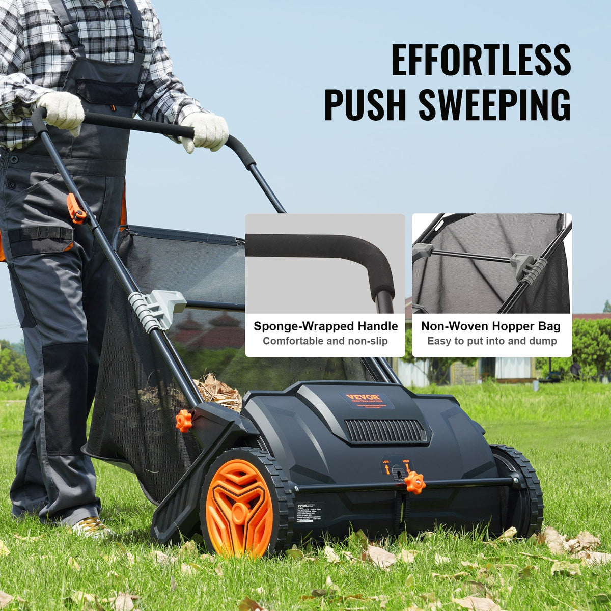 Push Lawn Sweeper 21-Inch Leaf & Grass Collector with 3.5 cu.ft. Bag, 2 Spinning Brushes, Adjustable Height, Heavy Duty Steel & Rubber Wheels – Cleans Leaves, Clippings & Debris Fast