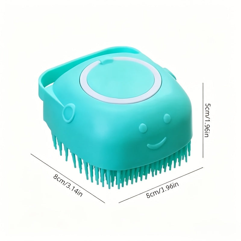 Pet Grooming Bath Brush with Built-In Shampoo Dispenser, Dog and Cat Massage Brush, De-shedding Scrubber, Ergonomic Handle, Soft Silicone Bristles for Bathing Dogs and Cats, Blue
