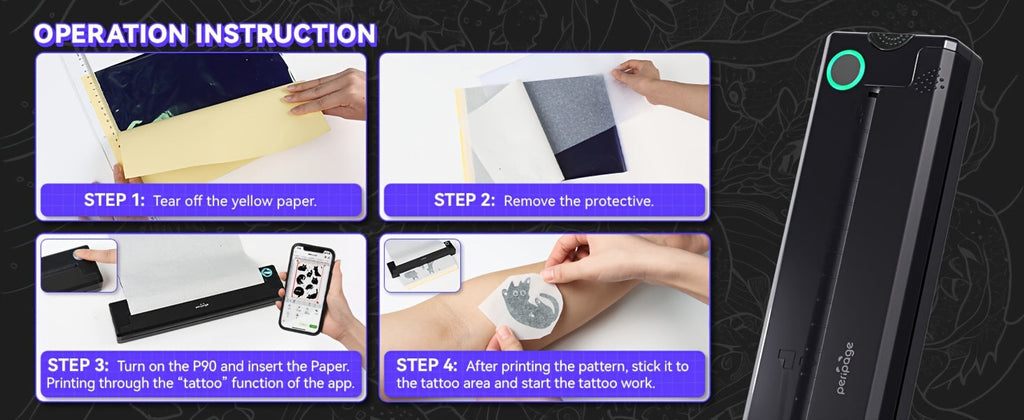 Peripage P90 Tattoo Stencil Printer – Portable Thermal Printer for Tattoo Transfer Paper, Compatible with iOS, Android & PC, Mini Wireless Printer Includes 5pcs A4 Transfer Paper, Gift for Tattoo Artists
