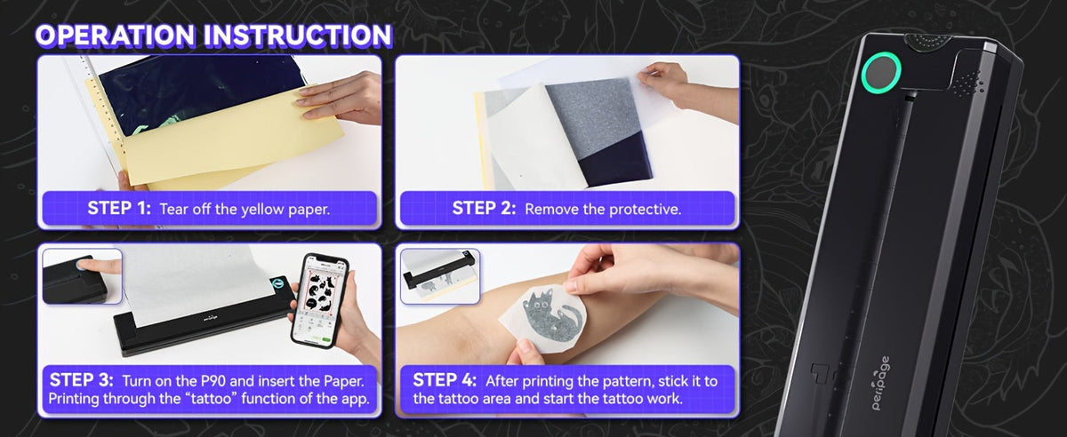 Peripage P90 Tattoo Stencil Printer – Portable Thermal Printer for Tattoo Transfer Paper, Compatible with iOS, Android & PC, Mini Wireless Printer Includes 5pcs A4 Transfer Paper, Gift for Tattoo Artists