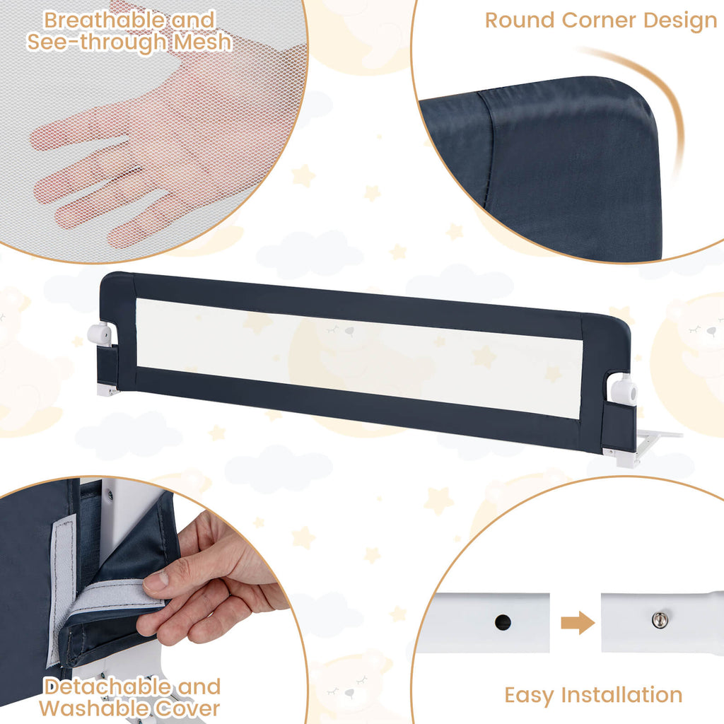 71" Toddler Foldable Bed Rail Guard – Adjustable Safety Strap Mesh Window PP Cotton Padding T-Leg Stability for Twin Full Queen & King Mattresses in Blue