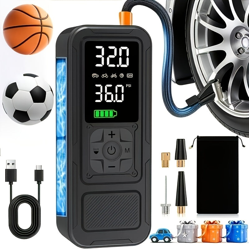 Portable Cordless Tire Inflator, 160PSI Air Compressor with Digital Pressure Gauge and LED Light, 8X Faster Inflation for Cars, Motorcycles, Bikes, and Balls - Rechargeable Electric Air Pump