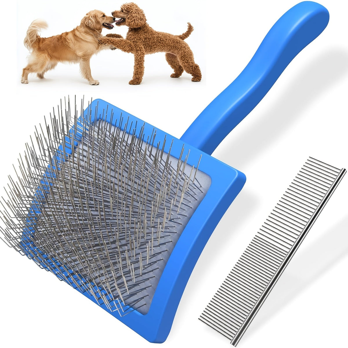 Stainless Steel Dog Grooming Brush 2 Pack - Extra Long Pins Professional Pet Brush for Golden Retriever Poodle Labrador Long Hair Dogs - Detangling Dematting Comb for Knots Tangles & Fur Balls