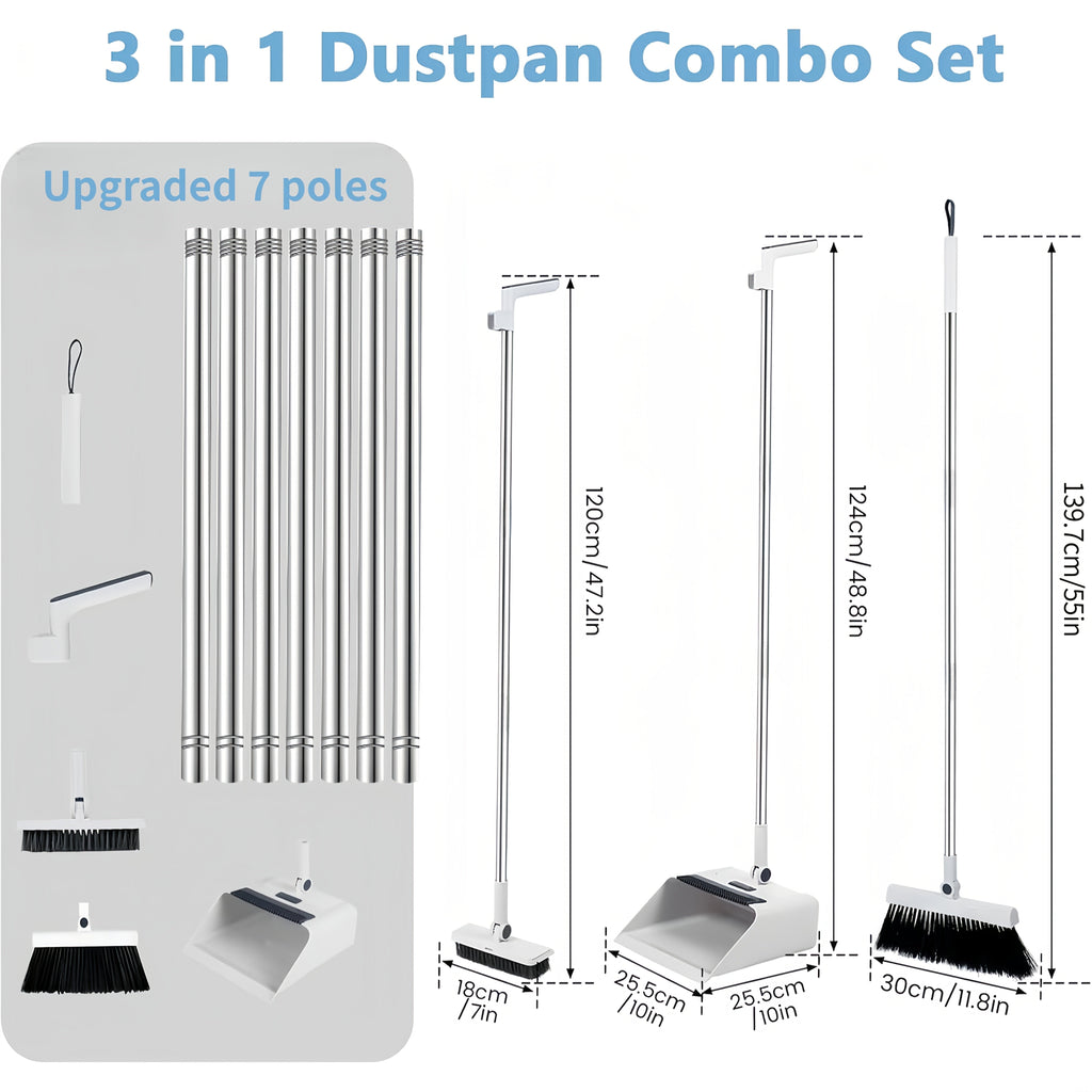 2-in-1 Broom and Dustpan Set, Long Handle, Foldable, Non-Stick Hair, Hard Floor Sweeper, Rotatable Combo for Home, Living Room, Bedroom, Bathroom, Outdoor